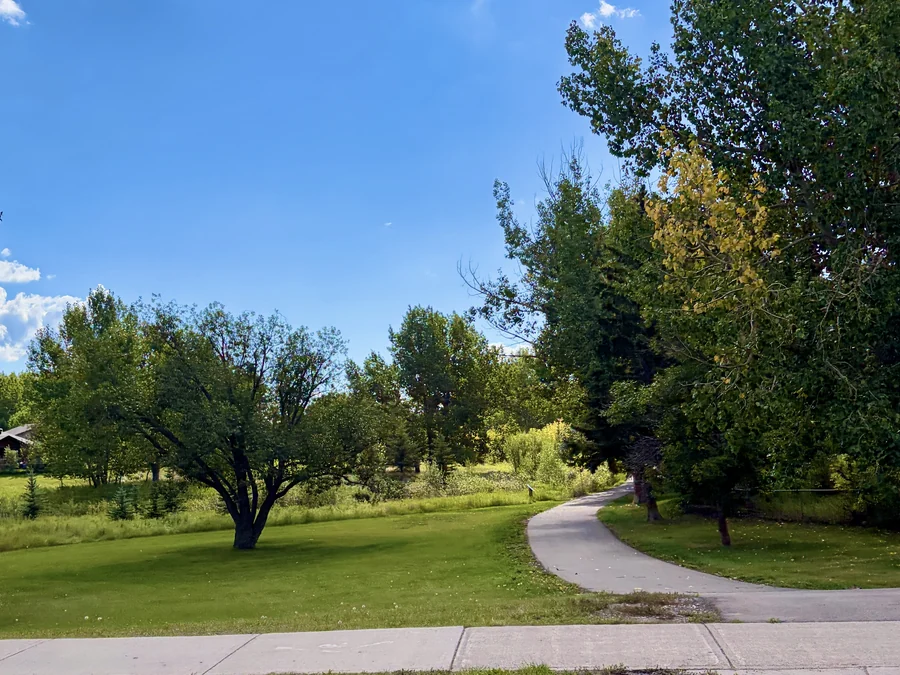 Paved pathway through mature parkland in Glenbow, Cochrane, Alberta