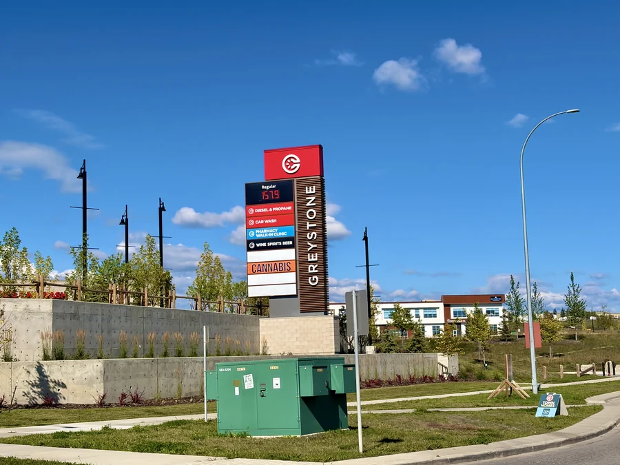 Greystone commercial pylon sign and shops, Cochrane, Alberta