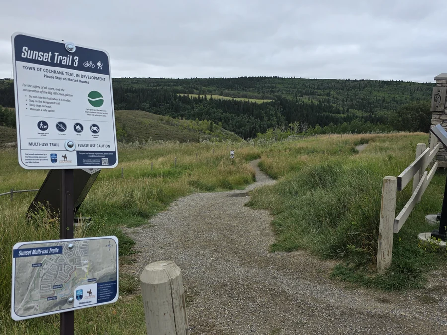 Sunset Trail 3 Town of Cochrane multi-use trail sign at Sunset Ridge, Alberta