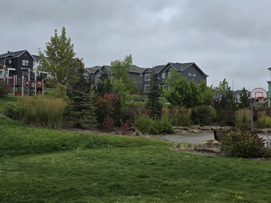 Green space and playground backing onto homes in West Hawk, Cochrane, Alberta